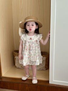 Summer Cotton Blend Dress for Girls Embroidered Bear Princess Skirt Sweet Style mid High Waist A-Line Dress Childrens Clothing