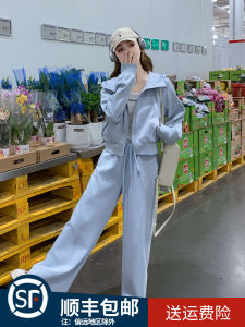 Blue Casual Sports Set Womens 2025 Spring New Korean Style Super Beautiful Hoodie Wide Leg Pants Two Piece Set Fashionable