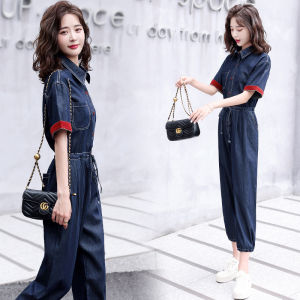 Fashionable Thin Denim Overalls for Women Summer 2023 High Waist Ice Silk Pantsuit Age-Defying Commute Style with Pockets And Tie