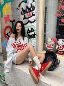 Retro American Grey Off-Shoulder Hoodless Sweatshirt Womens Spring Autumn Spicy Middle-Length Loose Long Sleeve Top