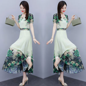Impression Fashion Women Elegant Chiffon Floral Round Neck Short Ruffle Sleeve Tunic A-line Big Swing Long Dress Plus Size