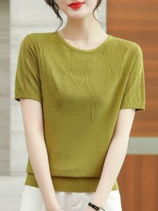 เสื้อยืดแขนสั้นผ้าไหมน้ำแข็งสำหรับผู้หญิง เสื้อคลุมท้องฤดูร้อนแบบบางใหม่สำหรับคุณแม่วัยกลางคน เสื้อผ้าทำงานสไตล์เกาหลี