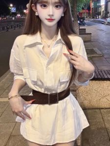 French Vintage Loose Long Sleeve Shirt Casual Pocket Design Elegant plus Size Waist Cinched Slimming Top Commute Style Polyester