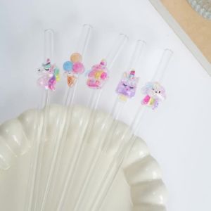 1/2/5PCS Fantasy Theme Glass Straws Unicorn/cake/cloud Designs with Iridescent Finish Reusable Bent Straws for Drinks