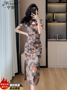 New Chinese Style Short Sleeve Chiffon Dress Womens Retro Reformed Cheongsam Wrap Body Summer 2025 High Waist Printed Commute