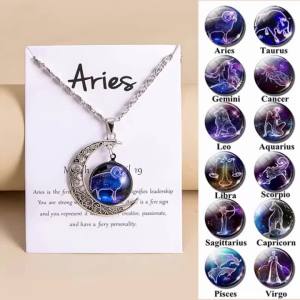 Vintage 12 Zodiac Sign Moon Pendant Necklaces Galaxy Star Glass Necklace For Women Girls Gifts