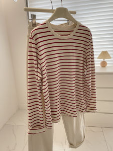 Casual Style Long Sleeve round Neck Striped T-Shirt Womens Cotton Spring Early Season Slimming Base Layer Shirt