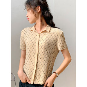 Vintage 90s Style Short Sleeve Shirt Womens Slim Fit Breathable Work Clothing with Lapel Plaid Pattern Retro HongKong Feeling
