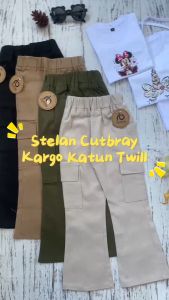 SETELAN CELANA CUTBRAY CARGO TWILL DAN KAOS LABUBU ANAK PEREMPUAN TERBARU