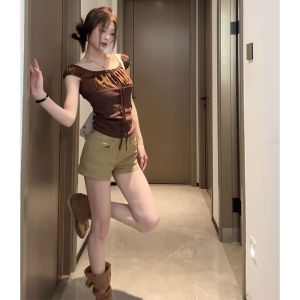 YUEZHONGWEI | Caramel Square Collar Short Sleeve T-Shirt Womens Summer New Style Slimming Design Shoulder Baring Short Length Top