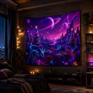 VIKAMA Neon Tím Xanh Cây Rừng Aurora Bông Tuyết Phản Chiếu Nước Giáng Sinh Tấm Thảm Treo Tường Cho Phòng Ngủ Phòng Khách Ký Túc Xá Trang Trí Nhà Polyester Không Dệt