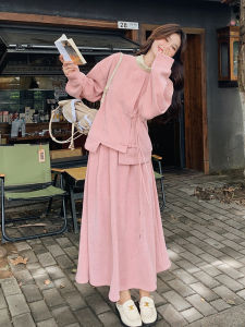 Pink New Chinese Design Sweatshirt Set Skirt Womens 2025 Autumn New Button up Top Half Skirt Two Piece Set Fashionable Ensemble
