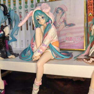 Bandai | 14CM Anime HATSUNE MIKU Figure with Rabbit Ear Pajamas Noodle Stopper Model Toy Doll Action Figure Collection Gift PVC