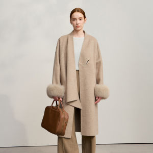 AMII | Long Loose Winter Coat Camel Hair Wool Dropped Shoulder Furry Cuff