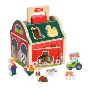 Farm Animals Toys for 1 2 3 Year Old Girls Boys Wooden Take-Along Sorting Barn Toy with Door Shape Sorter Wooden Blocks Baby Montessori Learning Toys