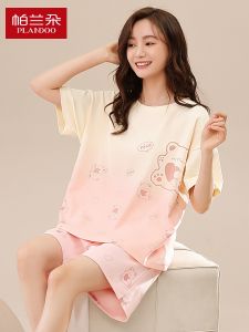 Plandoo Pure Cotton Sleepwear Womens Summer Spring Autumn Cool Feeling Thin Short Sleeve Shorts Home Sweet Two Piece Set