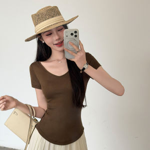 MIANXIANZHI | Slim Fit Waist Accentuating V-Neck T-Shirt