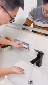 IRhea MultiFunction Punch-free Vertical Wall-Mounted Double-Grid Soap Holder Box With Cover Lip