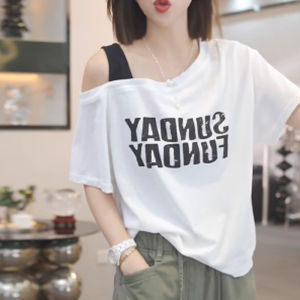 Shalldoer | Fashionable Anti-Aging Printed Asymmetrical Shoulder Short Sleeve T-Shirt Womens Summer Casual Loose Shoulder Baring Top
