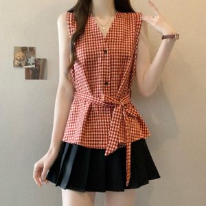 AIYITI | Red Check Sleeveless Summer Blouse Waist-tied