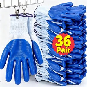 36Pairs Heavy Duty Rubber Gloves / Thickened Wear-resistant Protective Work Glove / Breathable Nitrile Coated Labor Protection Safety Gloves