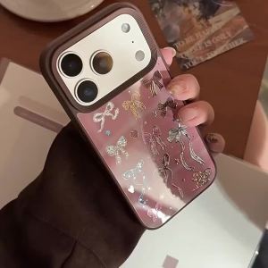 Korean Brown Colorful Bownot Pattern Phone Case for iPhone 17 Air 16 15 13 14 12 11 Pro Max Shockproof Protective Hard Cover