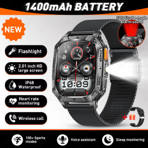 LIGE | LIGE Militray 1400mAh Large Battery Smart Watch Men 2.01"HD Screen LED Flashlight & SOS Light BT Call Health Monitor Smartwatch