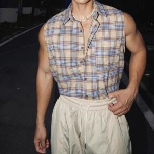 YEBO | Loose & Casual Checkered Collarless Vest Shirt