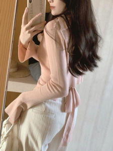 Sweet Youthful Pink Bell Sleeve Knitted Cardigan Womens Slim Fit Polo Collar Tied Waist Autumn Winter Fashion Inner Top