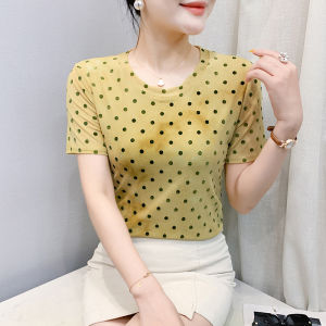 YIMEI เสื้อแขนสั้นผ้าตาข่ายลายจุดคอกลมสำหรับฤดูร้อน2025เสื้อยืดมัดย้อมสีสำหรับผู้หญิงเสื้อเชิ้ตตัวเล็กอเนกประสงค์และมีสไตล์