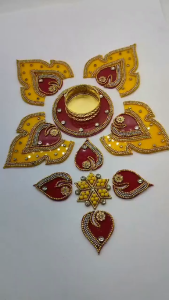 Traditional Reusable Handcrafted Acrylic Rangoli and Tealight Holder | Beautiful Festive Home Decor | Diwali Decoration with Studded Stones (Pack of 1 | Red and Yellow)