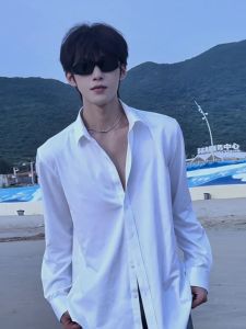 Pure White Neapolitan Shirt Men Autumn Fashion Brand British Yuppie Style Mens Clothing Ice Silk Long Sleeve Shirt Coat