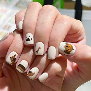 Short fake nails cute cat dog animals star print Square nail tips Japanese Korean style full cover acrylic press on false nails