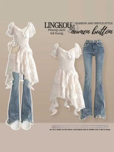 NUMEN BUTTON | Bộ Đầm Không T Tay Sweet Phong Cách Pháp và Quần Jeans Xòe Dành Cho Size Lớn