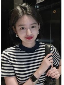 Slim Fit Short Sleeve round Neck Ice Silk Knitted T-Shirt Womens Summer Top Black White Stripes Korean Style Casual Shirt