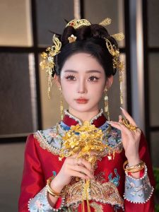 Gold Chinese Style Wedding Bride Show He Headwear Anti-Aging Ancient Style Hanfu Dragon And Phoenix Dress Marriage Traditional Costume Hair Accessories