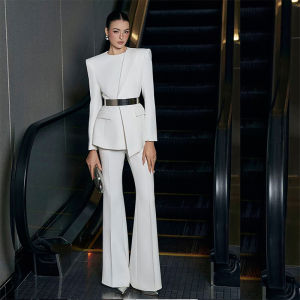 Trendy Waist-accentuating Womens Suit Elegant Flared Trousers