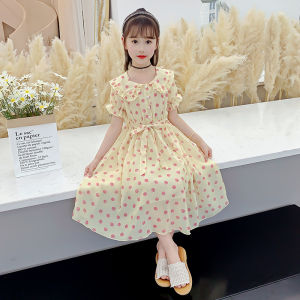 Princess Style Girls Summer Dress 2024 New Fashionable Child Clothing Large Childrens Short Sleeve Shantung Skirt Korean Style