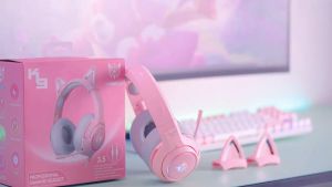 ONIKUMA K9 7.1 Version Surround Gaming Headset With Removable Pink Cat Ears Cut Gaming Headset With Mic and Noise Canceling Retractable Microphone Headphone Gaming with RGB Led Light for Mobile Phone Laptop PS4 PS5 PC XBOX