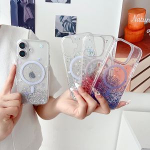 Magnetic Case for iPhone 16 15 14 Pro Max Compatible with MagSafe Premium Sparkly Liquid Glitter Phone Casing Cover for iPhone 16 15 14 Plus