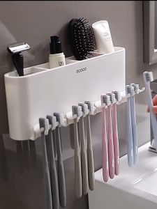 WIN WIN Shop Toothbrush Holder with Automatic Toothpaste Dispenser Multi Space Saving Toothbrush Organizer with Cups Brush Slots No Drill Need