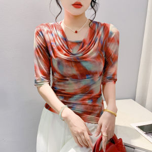 Rehin Cổ Tròn Kiểu Color Block Gradient lưới 3/4 Tay Áo T-shirt mới phong cách áo thun áo cơ bản phụ nữ thanh lịch của áo