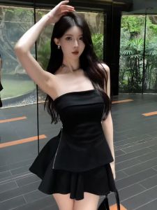 Slimming Black Tube Top And Vest Set for Women Fashionable Streetwear Two-Piece Suit Polka Dot Print High Waist Skirt