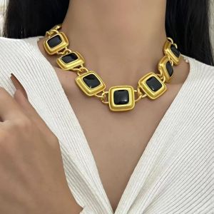 Retro Vintage AK Style Large Gold Chain Square Enamel Necklace Earrings Alloy Pendant Fresh out Fashion Jewelry for Women