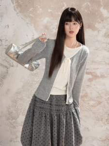 loveheynew | Áo Cardigan Knit Cổ Tròn Đính Nơ Phối Màu Thu Casaul Rộng Rãi