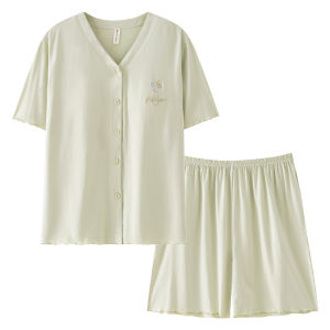 Miiow | Womens Ice Silk Sleepwear Short Sleeve Home Clothes Set V-Neck Thin Size Large Short Pants Comfortable Breathable Summer Suit