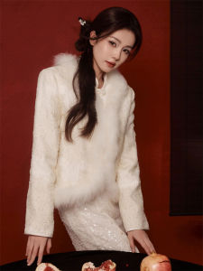 Elegant Feather Jacket by Bai Lu Celebrity New Chinese Style Court New Years Greetings Top for Women Spring 2026 Cotton Coat