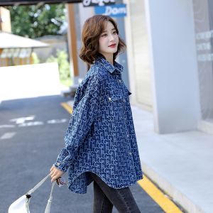Womens Denim Shirt Spring Autumn New Style Korean Version Midi Loose Casual Hong Kong Flavor Top Coat Vintage Polo Collar