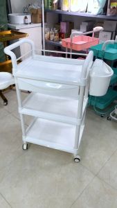 Xe Đẩy Spa 3 Tầng Cao Cấp Mặt Gỗ Có Thùng Rác | Kệ Spa 3 Tầng Cao Cấp