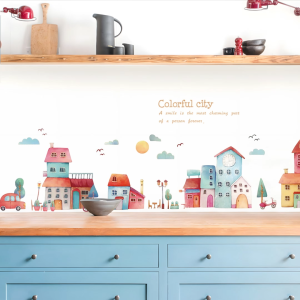 Decal giấy dán tường Thành phố sắc màu có keo sẵn Trang trí phòng bé phòng khách góc học tập